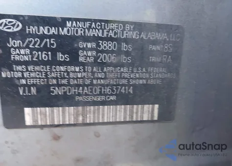 2015 Hyundai Elantra Se from USA, damaged, VIN 5NPDH4AE0FH637414